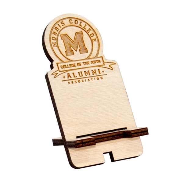 Birch smart phone desk stand with laser etched graphics.... from ASI 72521 Morris Magnets / Laser Cuts
