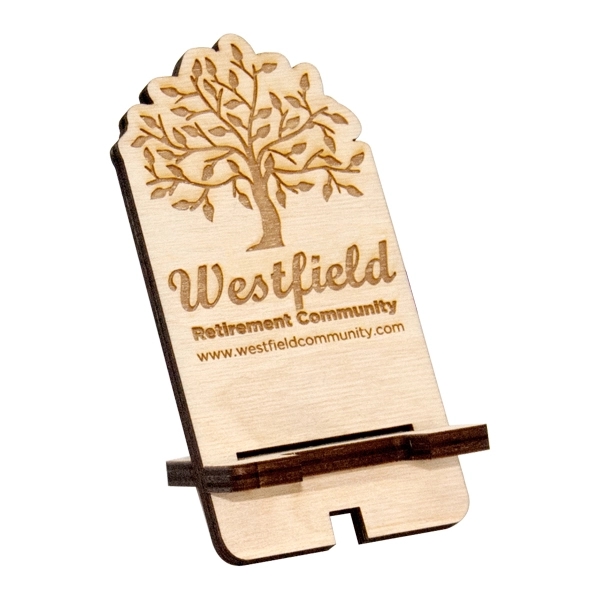 Birch smart phone desk stand with laser etched graphics.... from ASI 72521 Morris Magnets / Laser Cuts