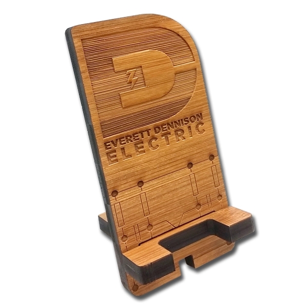 Bamboo smart phone desk stand with laser etched graphics.... from ASI 72521 Morris Magnets / Laser Cuts
