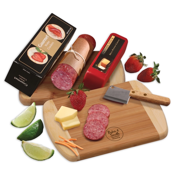 Bamboo cutting board with cheese, sausage, and crackers.... from ASI 68680 Maple Ridge Farms Inc
