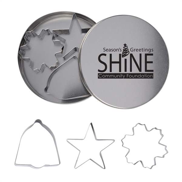 Tin travel case with bell, snowflake and star cookie cutter shapes... from ASI 61125 Hit Promotional Products