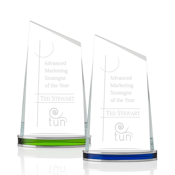 Stunning, unique Starfire green award with beautiful colored optical aluminum base.... from ASI 84592 St Regis Group / St Regis