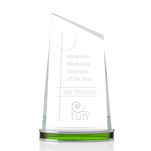 Stunning, unique Starfire green award with beautiful colored optical aluminum base.... from ASI 84592 St Regis Group / St Regis