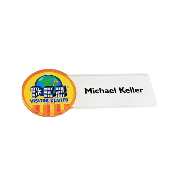 Custom shaped acrylic badge / name plate that measures 1/8" thick... from ASI 72521 Morris Magnets / Laser Cuts