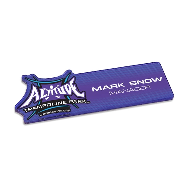 Custom shaped acrylic badge / name plate that measures 1/8" thick... from ASI 72521 Morris Magnets / Laser Cuts