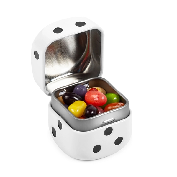 Dice shaped tin filled with jelly beans.... from ASI 44900 NC Custom (CI/Lanco)