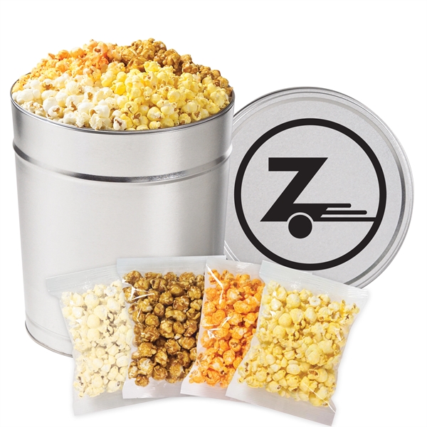 3.5 gallon, 4-way tin filled with butter, cheddar cheese, white cheddar... from ASI 71685 Midnite Snax®