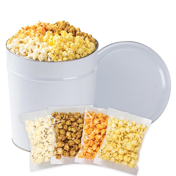 3.5 gallon, 4-way tin filled with butter, cheddar cheese, white cheddar... from ASI 71685 Midnite Snax®
