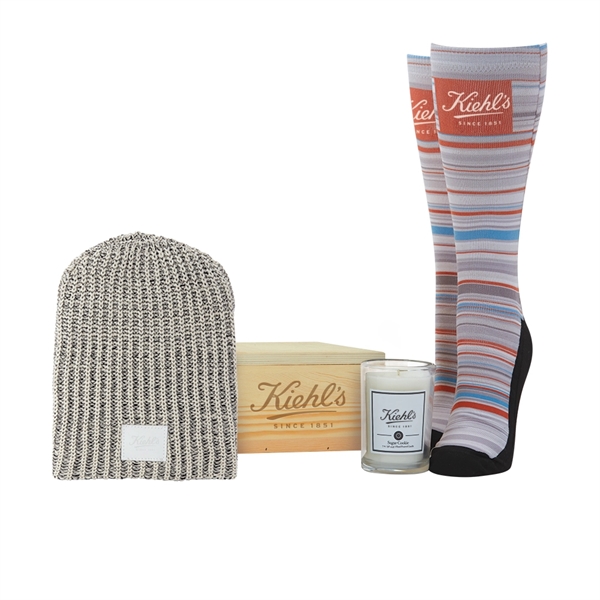 8" wood giftbox featuring a knit beanie, socks, and scented candle.... from ASI 88060 Snugz/USA Inc / SnugZ USA®
