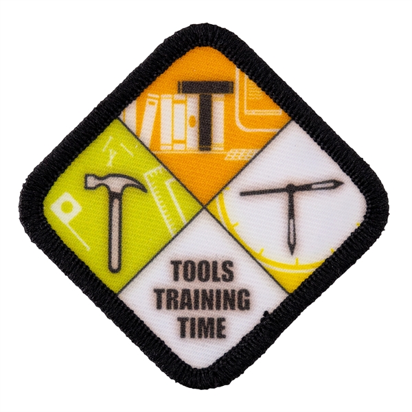 Satin polyester custom patches in assorted shapes and sizes with merrowed... from ASI 52263 EMT / EMT