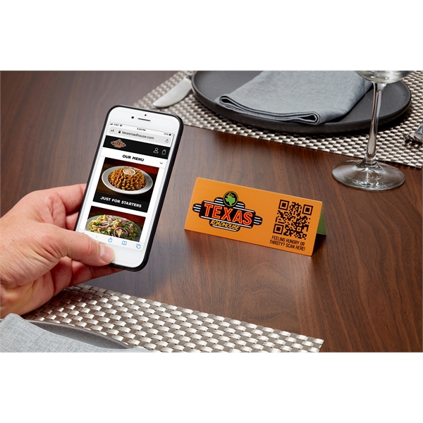 5" x 2" Menu Scanner Plastic Table Tent, full color imprint... from ASI 79933 Prorose Inc / ProRose