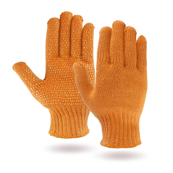 Orange knit work and freezer gloves, orange PVC dots on palms.... from ASI 62192 Illinois Glove Co / Honest Abe®