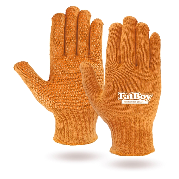 Orange knit work and freezer gloves, orange PVC dots on palms.... from ASI 62192 Illinois Glove Co / Honest Abe®