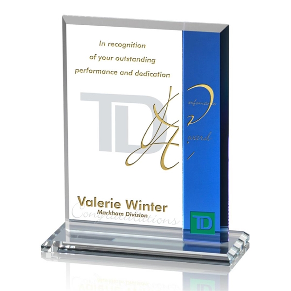 Starfire rectangle award with blue colored crystal on a base.... from ASI 84592 St Regis Group / St Regis