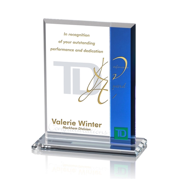 Starfire rectangle award with blue colored crystal on a base.... from ASI 84592 St Regis Group / St Regis