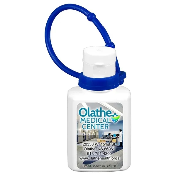 Solid white flip top squeeze bottle filled with vanilla scented, SPF30... from ASI 62660 Innovation Line