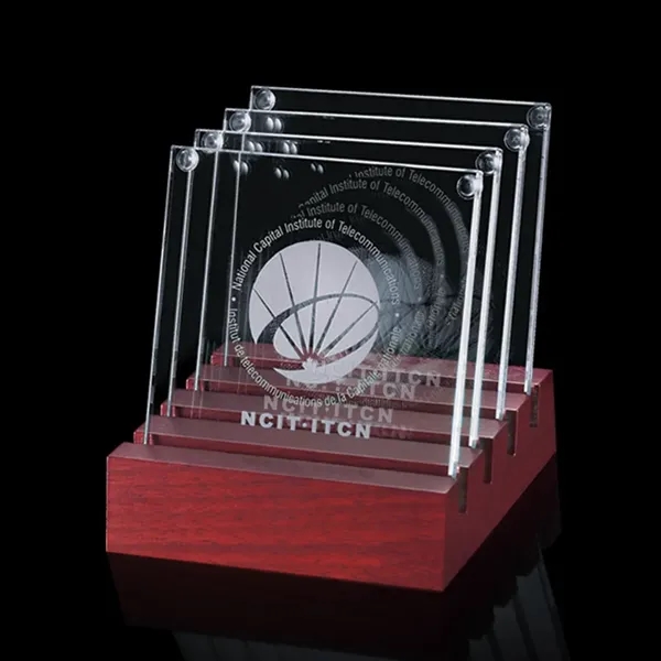 Set of four square glass coasters on a custom wooden base.... from ASI 84592 St Regis Group