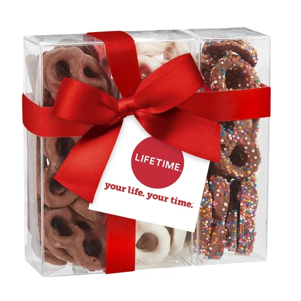 3 Way Pretzel Gift. Milk chocolate covered pretzels, milk chocolate covered... from ASI 71685 Midnite Snax®