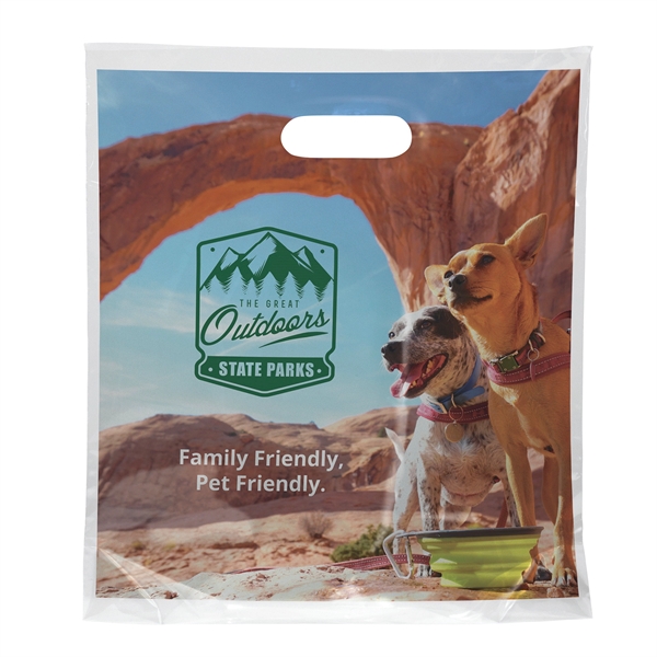 Digital Full-Color Die Cut Handle Plastic Bag with generous imprint area... from ASI 37940 Bag Makers Inc