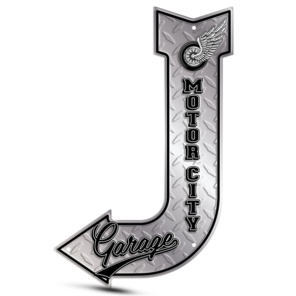 11.30" x 17.80" J-arrow shaped sign made of embossed, die-cut aluminum.... from ASI 50120 Dixie Seal & Stamp Co Inc / Dixiline