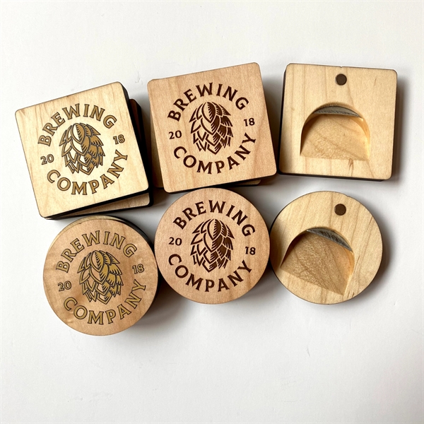 2.5" x 2.5" engraved wood bottle opener magnets.... from ASI 92531 Unique Custom Products / UCP