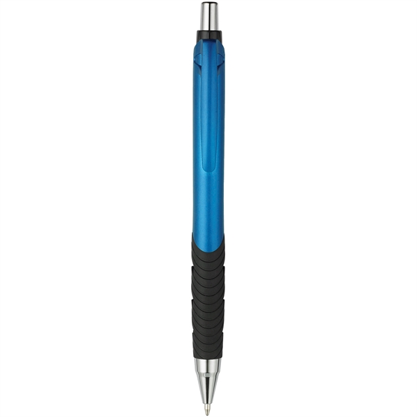 Roscoe plunger-action pen with metallic colors, a grip, and our signature... from ASI 82498 RiteLine LLC