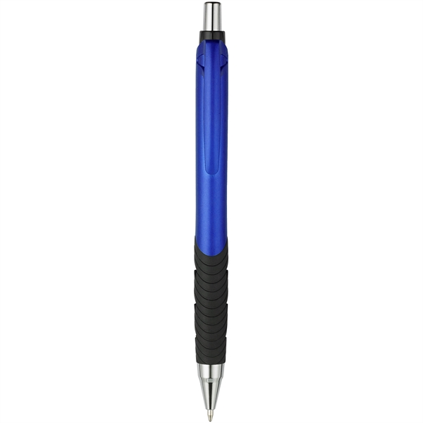 Roscoe plunger-action pen with metallic colors, a grip, and our signature... from ASI 82498 RiteLine LLC