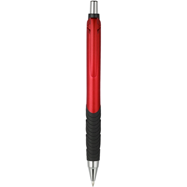 Roscoe plunger-action pen with metallic colors, a grip, and our signature... from ASI 82498 RiteLine LLC
