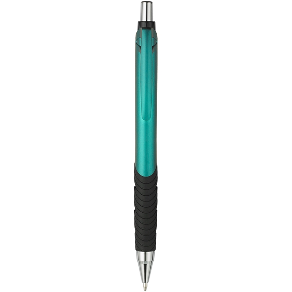 Roscoe plunger-action pen with metallic colors, a grip, and our signature... from ASI 82498 RiteLine LLC