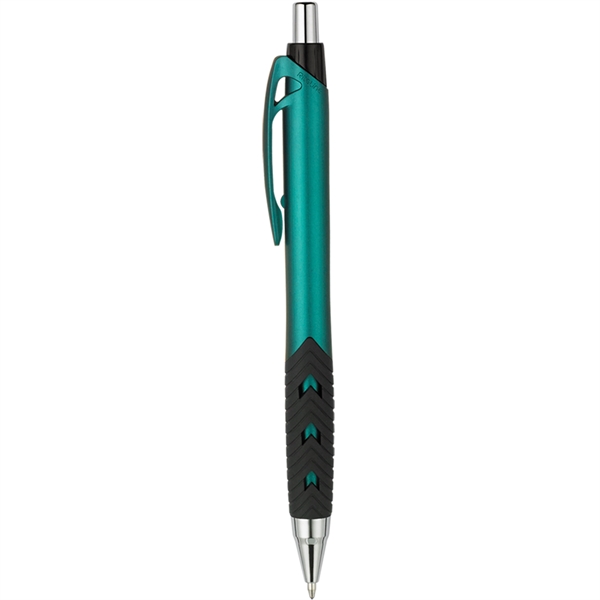 Roscoe plunger-action pen with metallic colors, a grip, and our signature... from ASI 82498 RiteLine LLC
