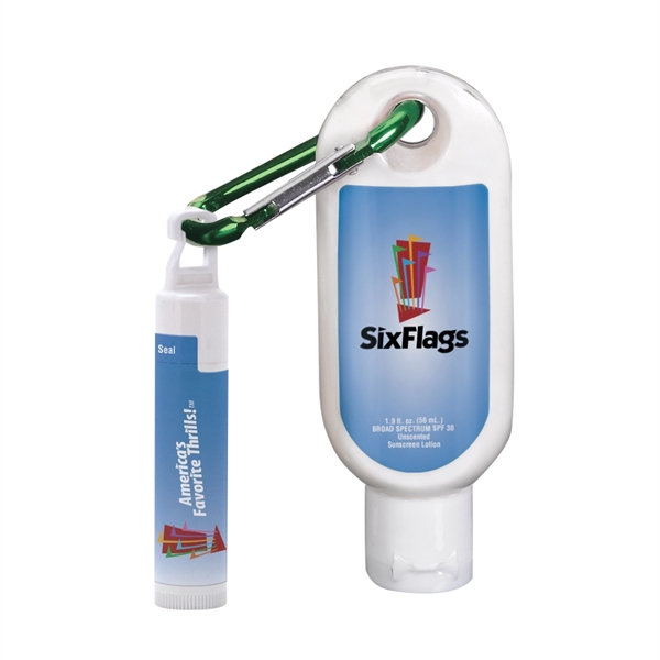 1.9 oz. SPF 30 sunscreen with carabiner and SPF 15 lip... from ASI 88060 Snugz/USA Inc / SnugZ USA®