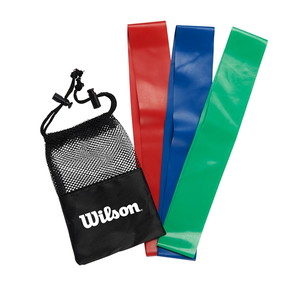3-piece fitness resistance band set packed in a drawstring carrying pouch.... from ASI 52840 Evans Manufacturing