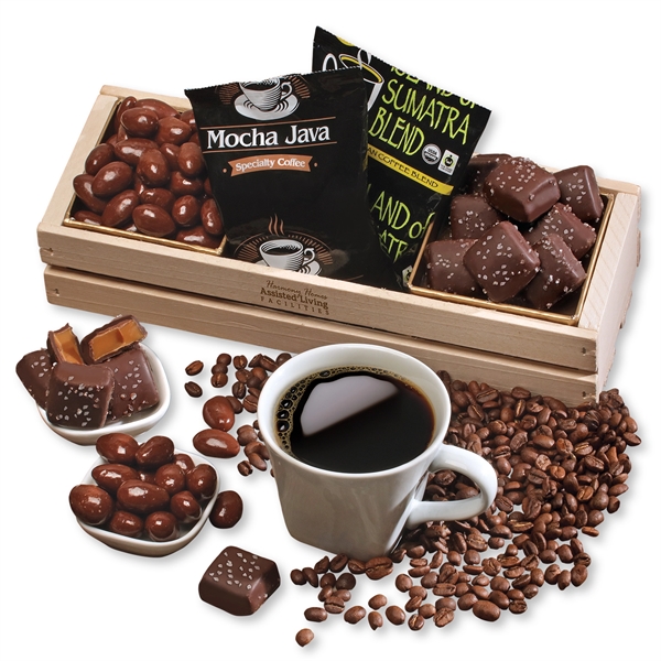 Wooden crate with chocolate almonds, sea salt caramels, and two coffee... from ASI 68680 Maple Ridge Farms Inc