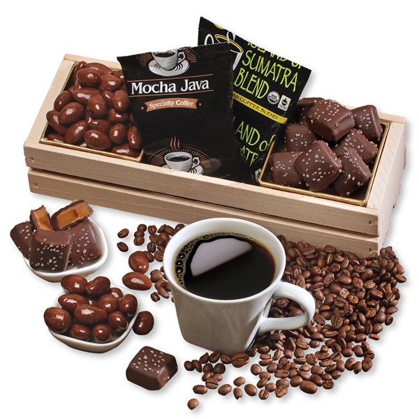 Wooden crate with chocolate almonds, sea salt caramels, and two coffee... from ASI 68680 Maple Ridge Farms Inc