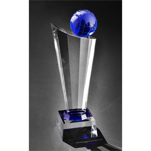 11" x 3" optical crystal award that features a blue globe... from ASI 71920 Moderne Glass Company Inc / Glass America®