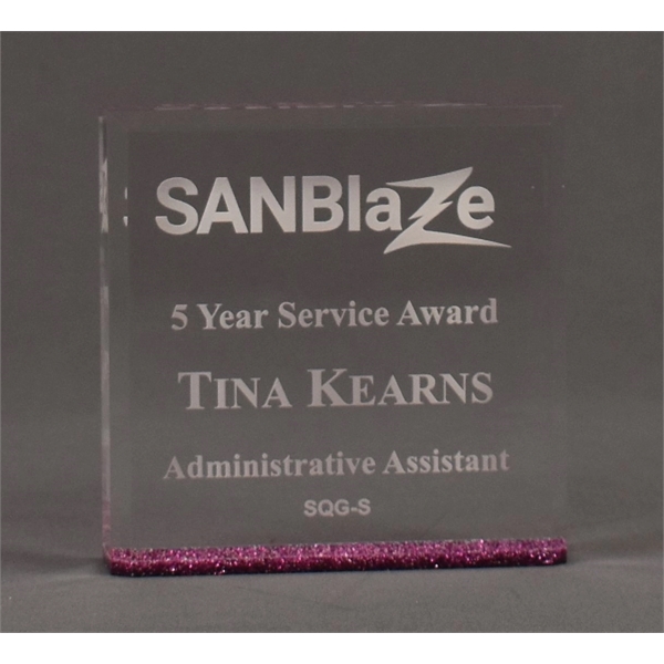 5"W x 5"L acrylic award with glued glitter square on bottom... from ASI 45430 Clear Image Inc