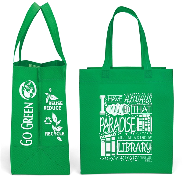 Non-Woven Polypropylene Tote with eco-friendly messages on the gussets.... from ASI 37940 Bag Makers Inc