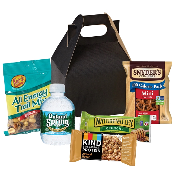 Gable box filled with various food items including trail mix, a... from ASI 71685 Midnite Snax®