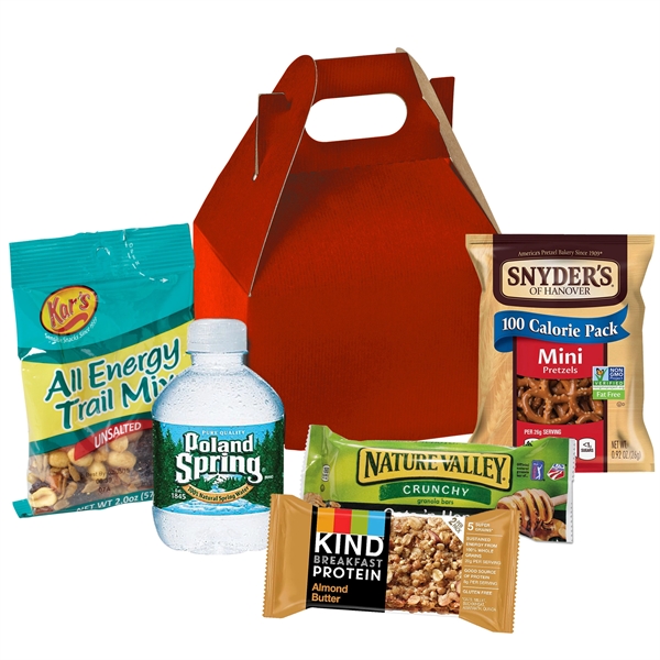 Gable box filled with various food items including trail mix, a... from ASI 71685 Midnite Snax®