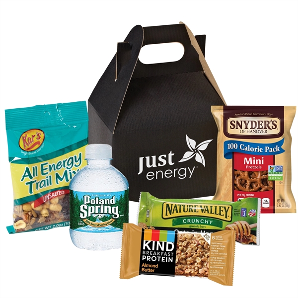 Gable box filled with various food items including trail mix, a... from ASI 71685 Midnite Snax®