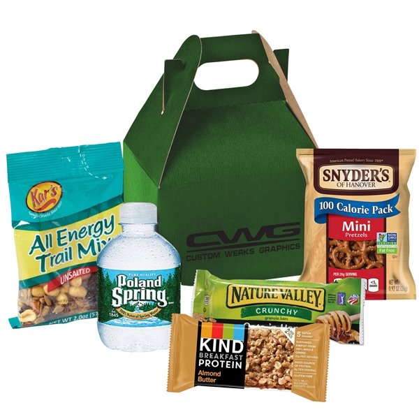 Gable box filled with various food items including trail mix, a... from ASI 71685 Midnite Snax®