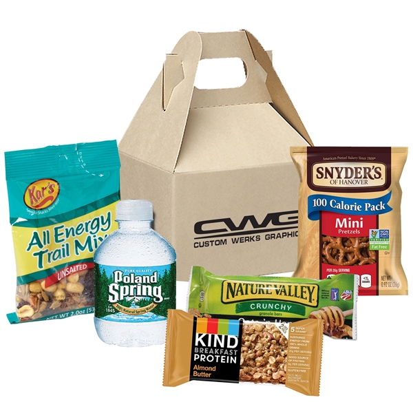 Gable box filled with various food items including trail mix, a... from ASI 71685 Midnite Snax®
