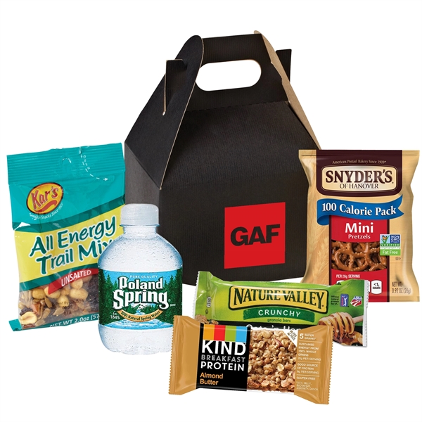 Gable box filled with various food items including trail mix, a... from ASI 71685 Midnite Snax®