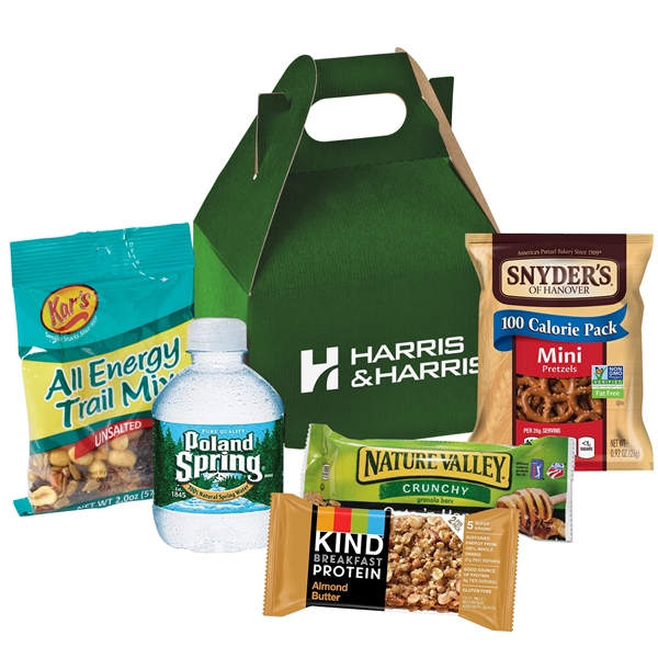 Gable box filled with various food items including trail mix, a... from ASI 71685 Midnite Snax®
