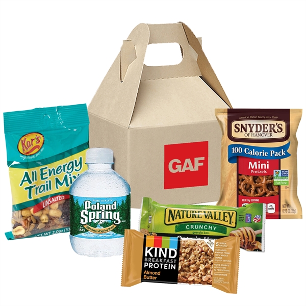 Gable box filled with various food items including trail mix, a... from ASI 71685 Midnite Snax®