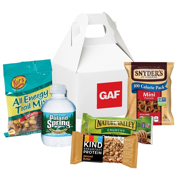 Gable box filled with various food items including trail mix, a... from ASI 71685 Midnite Snax®