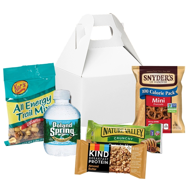 Gable box filled with various food items including trail mix, a... from ASI 71685 Midnite Snax®
