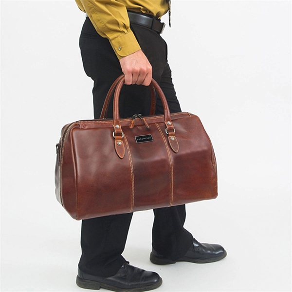 18" x 11 1/2" x 10 1/2" brown leather duffel bag... from ASI 61966 HPG / Beacon Promotions