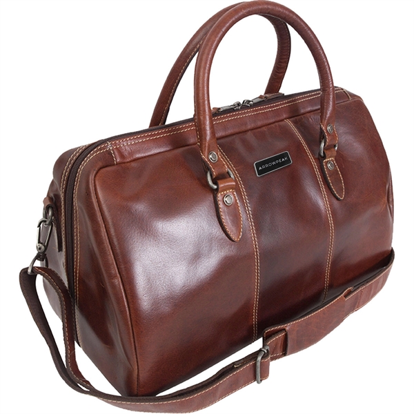 18" x 11 1/2" x 10 1/2" brown leather duffel bag... from ASI 61966 HPG / Beacon Promotions