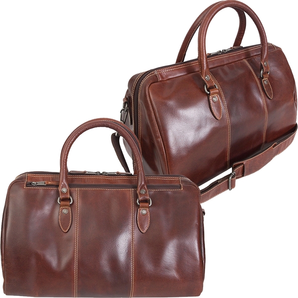 18" x 11 1/2" x 10 1/2" brown leather duffel bag... from ASI 61966 HPG / Beacon Promotions